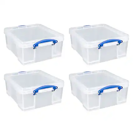 Front. Really Useful Box - Really Useful Box 17L Storage Container with Lid and Clip Lock Handles, (4 Pack) - Clear.