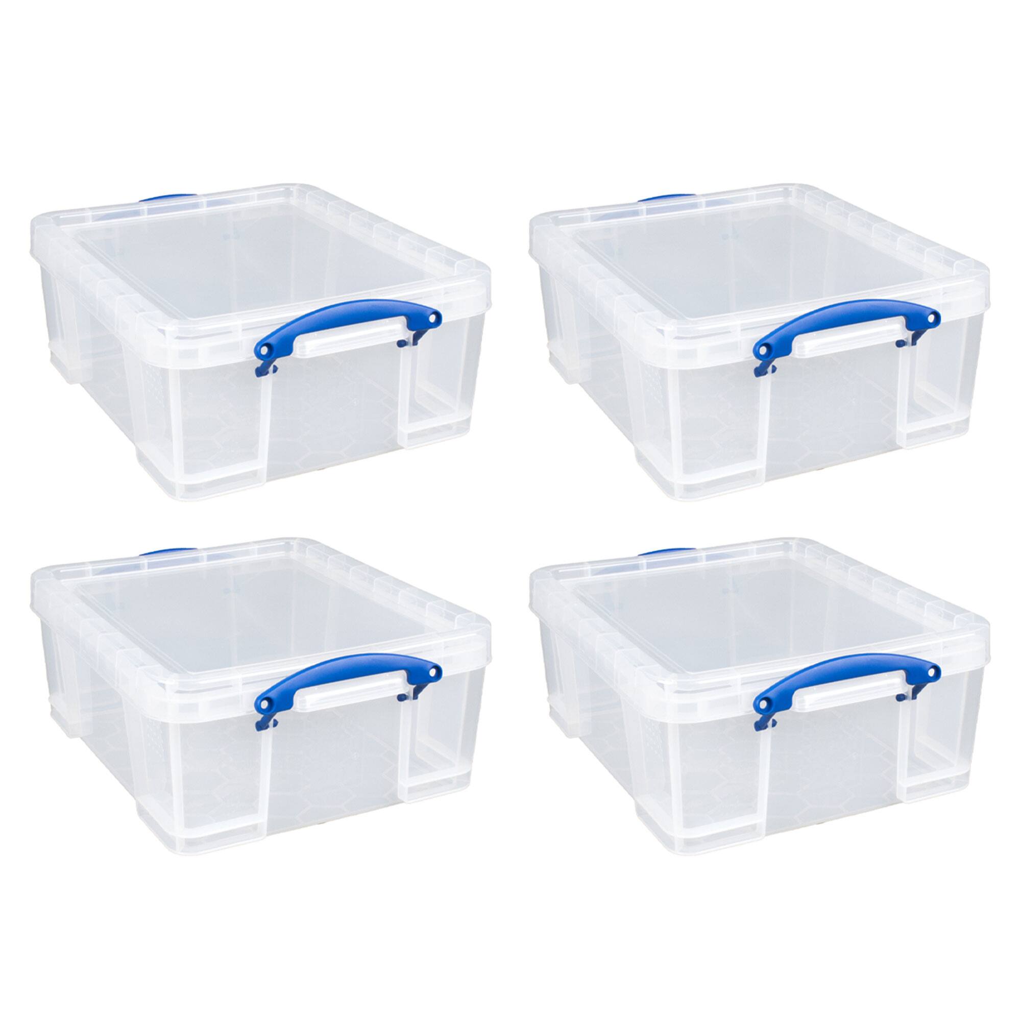 Really Useful Box - 17L Storage Container with Lid and Clip Lock Handles, (4 Pack) - Clear