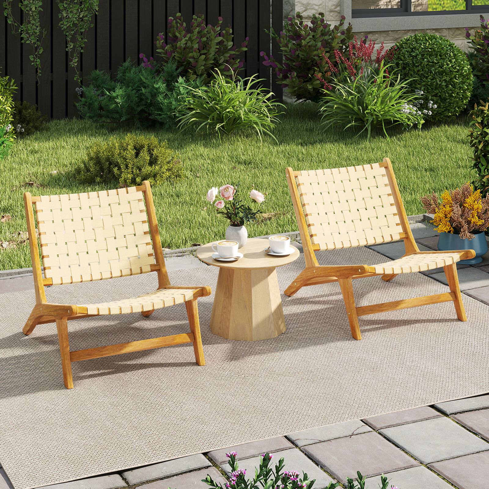 Alt View 7. Gymax - Gymax Teak Wood Patio Chair w/Webbing Seat & Backrest Mid-century Accent Chair - Yellow.