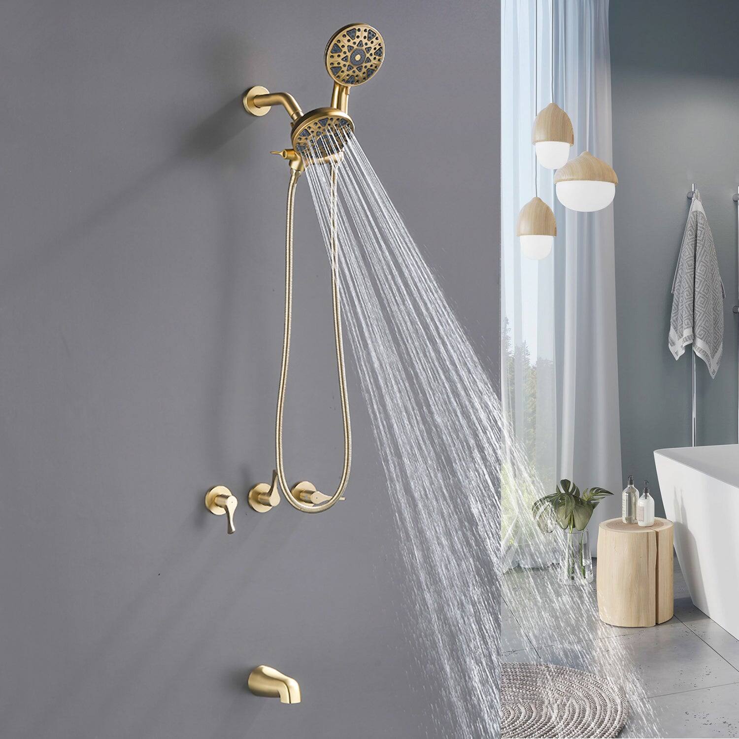 Alt View 3. Boyel Living - Brushed Gold Shower Set with Triple Handle Control 6 Function Dual Shower Heads and High Flow Tub Spout - Brushed Gold.