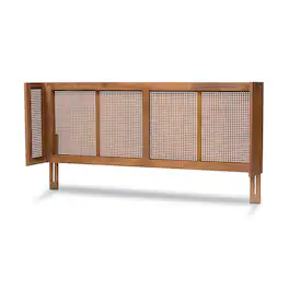 Baxton Studio - Rina Mid-Century Modern Finished Wood and Synthetic Rattan Queen Size Wrap-Around Headboard - Ash walnut