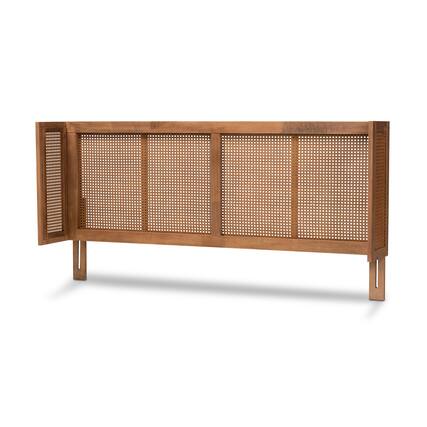 Front. Baxton Studio - Rina Mid-Century Modern Finished Wood and Synthetic Rattan Queen Size Wrap-Around Headboard - Ash walnut.