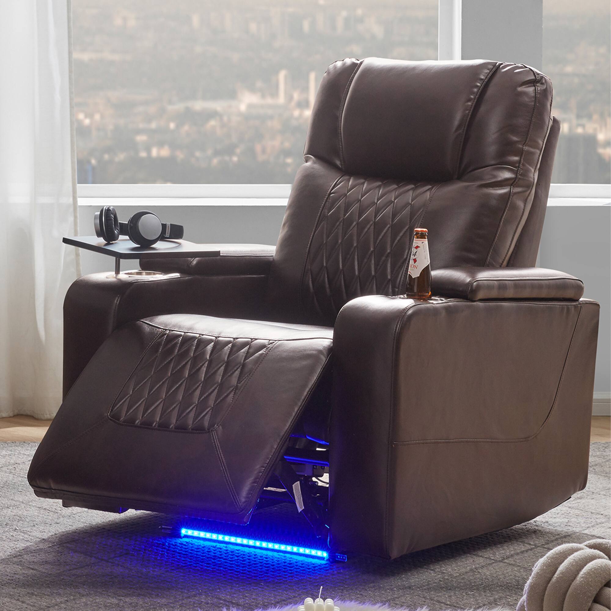 Front. TinyHomie - Power Motion Recliner with USB Charging Port and Hidden Arm Storage 2 Cup Holders Design and 360° Swivel Tray Table - Brown.