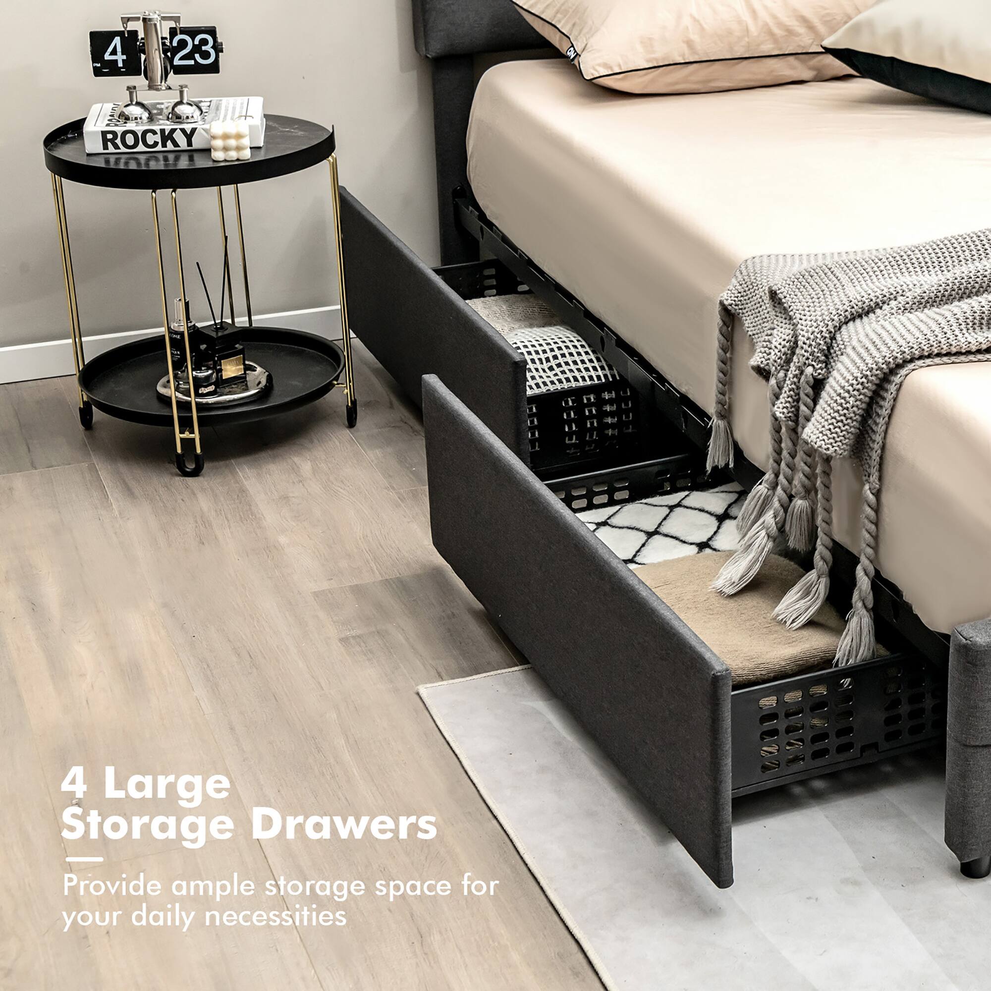 Alt View 7. Costway - Costway Upholstered Queen LED Lights Bed Headboard Drawers Solid Wooden Slat Platform - Gray.