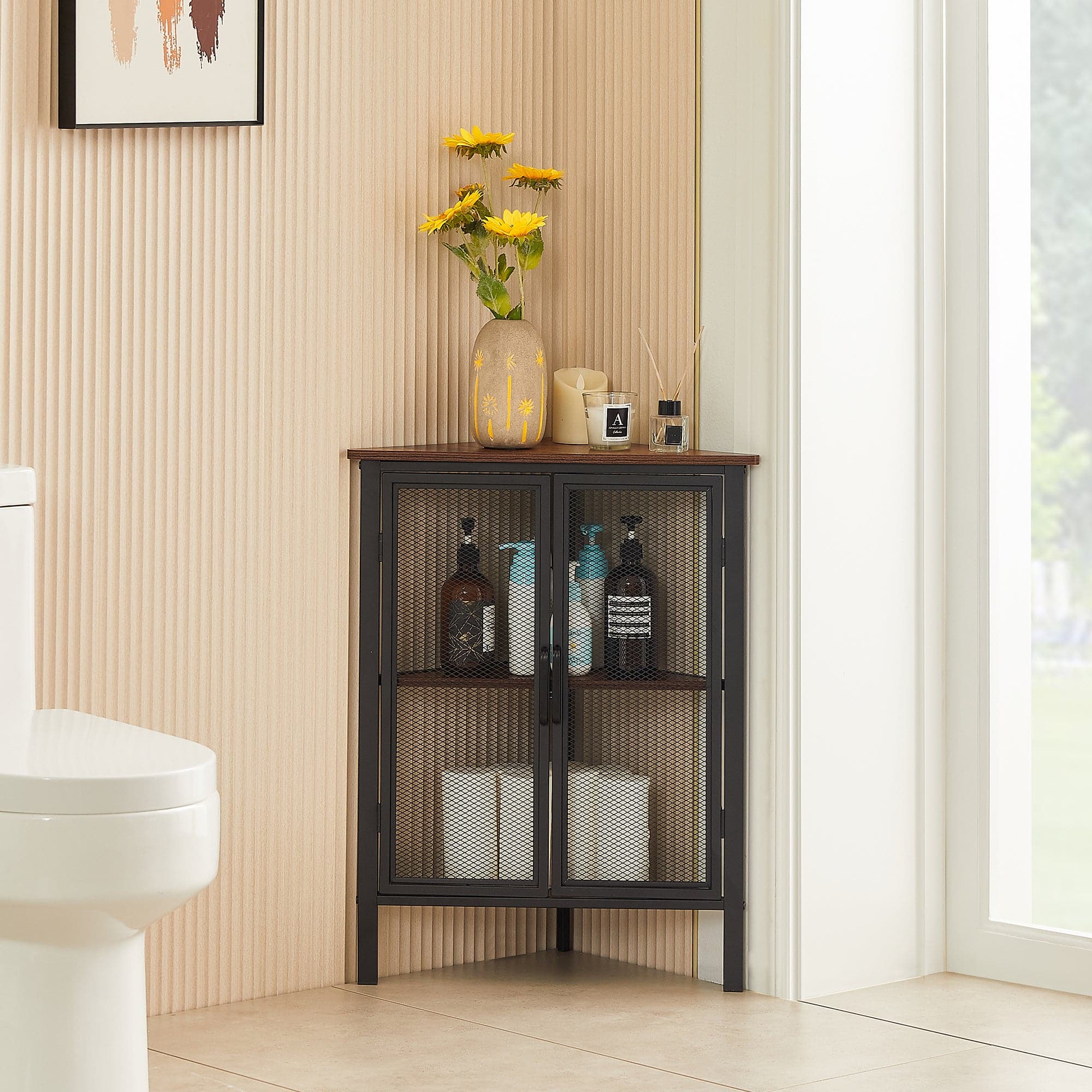 Vecelo - Triangle Corner Storage Cabinet with Doors, Small Corner Cabinet with Shelves for Bathroom,Entryway - Brown