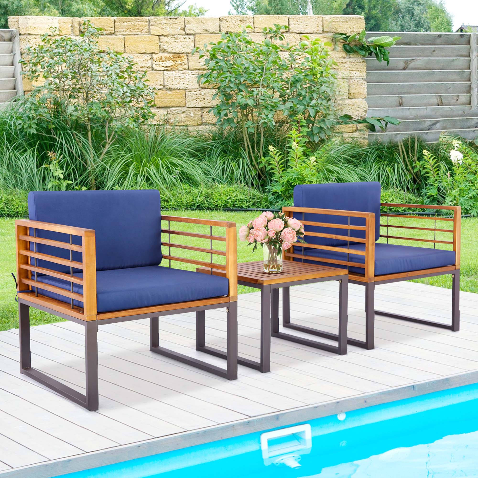 Alt View 1. Costway - Costway 3pcs Patio Acacia Wood Bistro Conversation Cushioned Chair & Table Set Outdoor - Natural,Black,Navy.