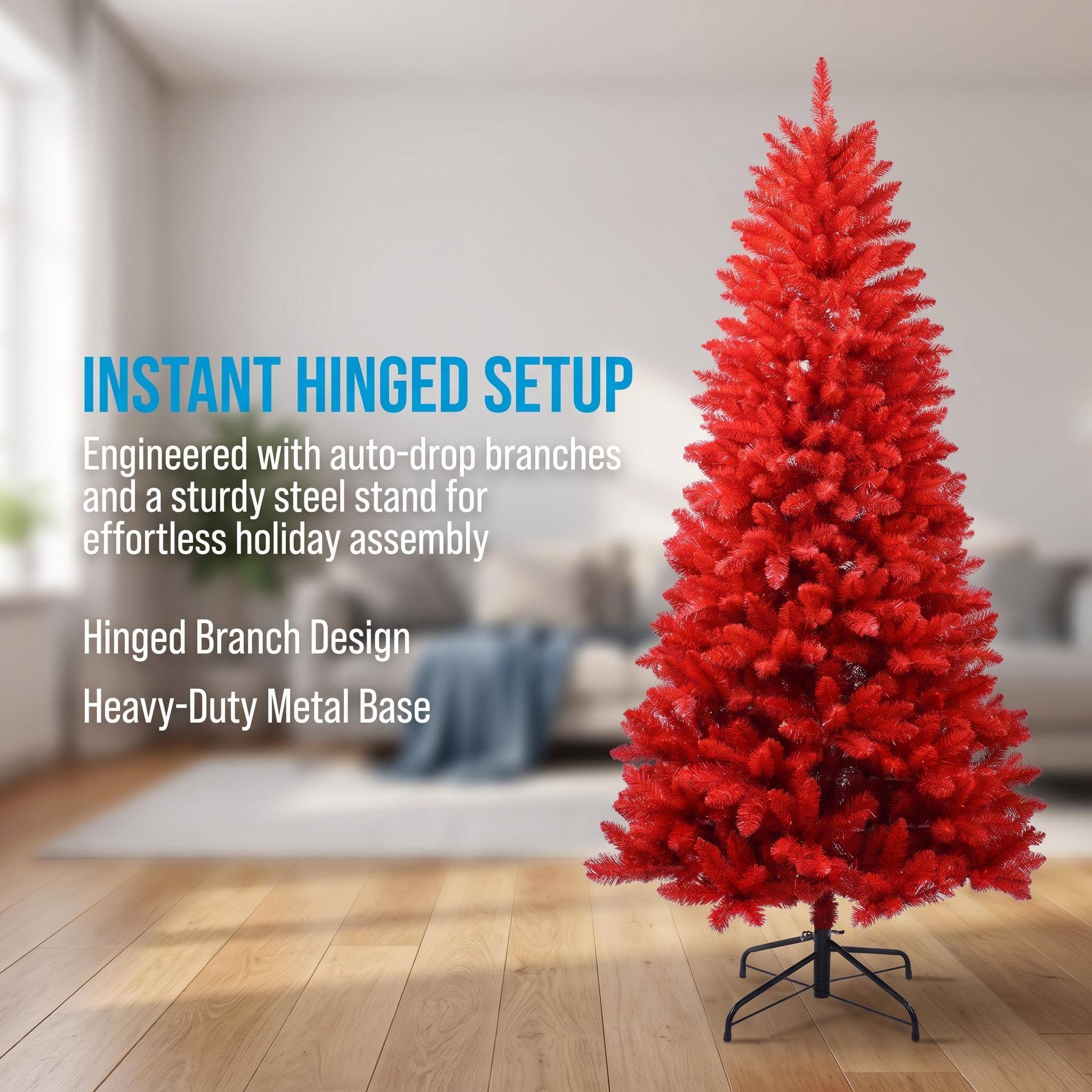 INSTANT HINGED SETUP  
Engineered with auto-drop branches and a sturdy steel stand for effortless holiday assembly  
Hinged Branch Design  
Heavy-Duty Metal Base