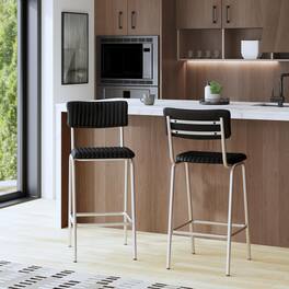 Butler Specialty - Waylon 31.5 in. Seat Height Leather and Iron Bar Height Stool with Back and Footrest, Black, Silver - Black,Silver