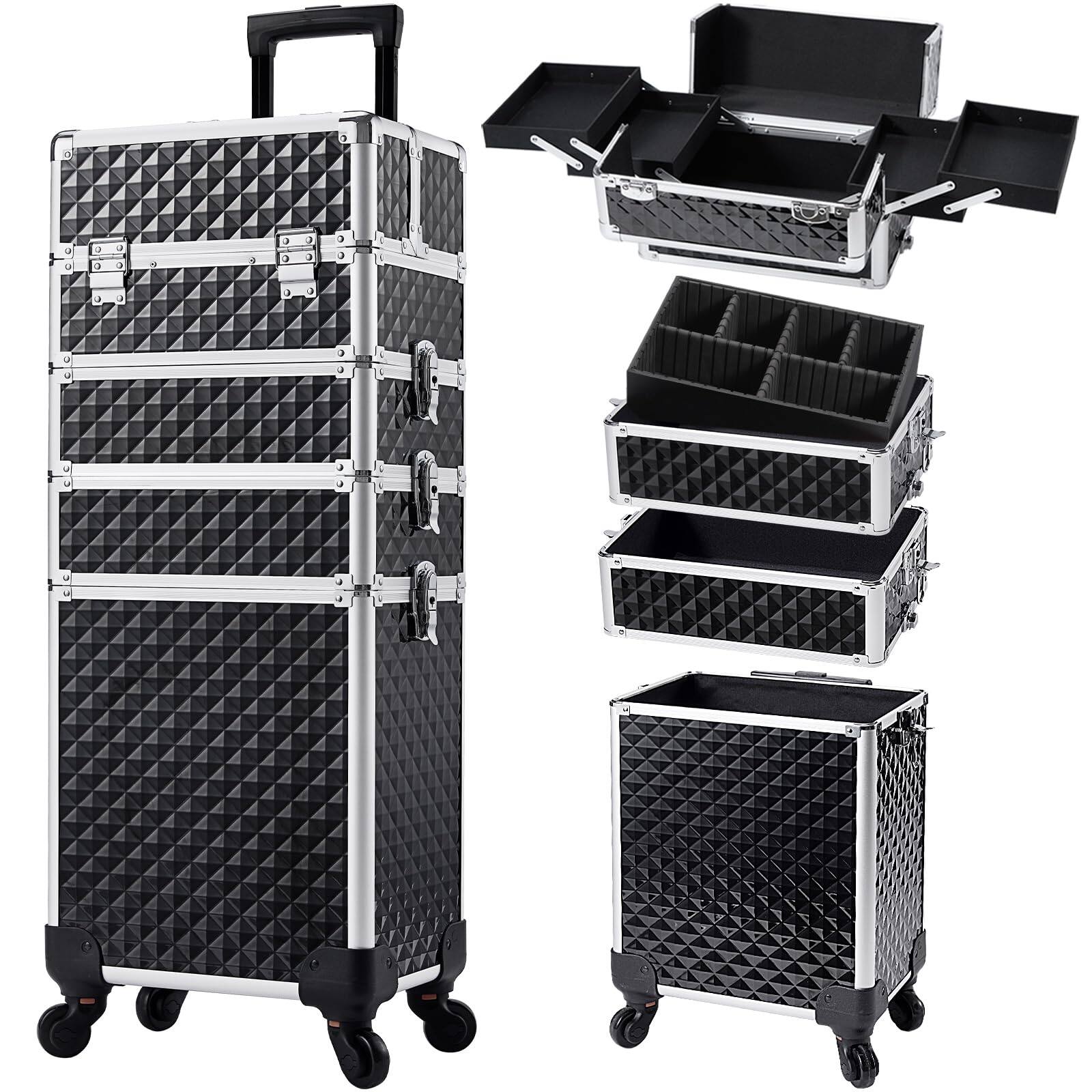 JETRANSPORT - Rolling Makeup Case On Wheels 4 In 1 Large Organizer Travel With Key Swivel Artist Salon Storage - Black