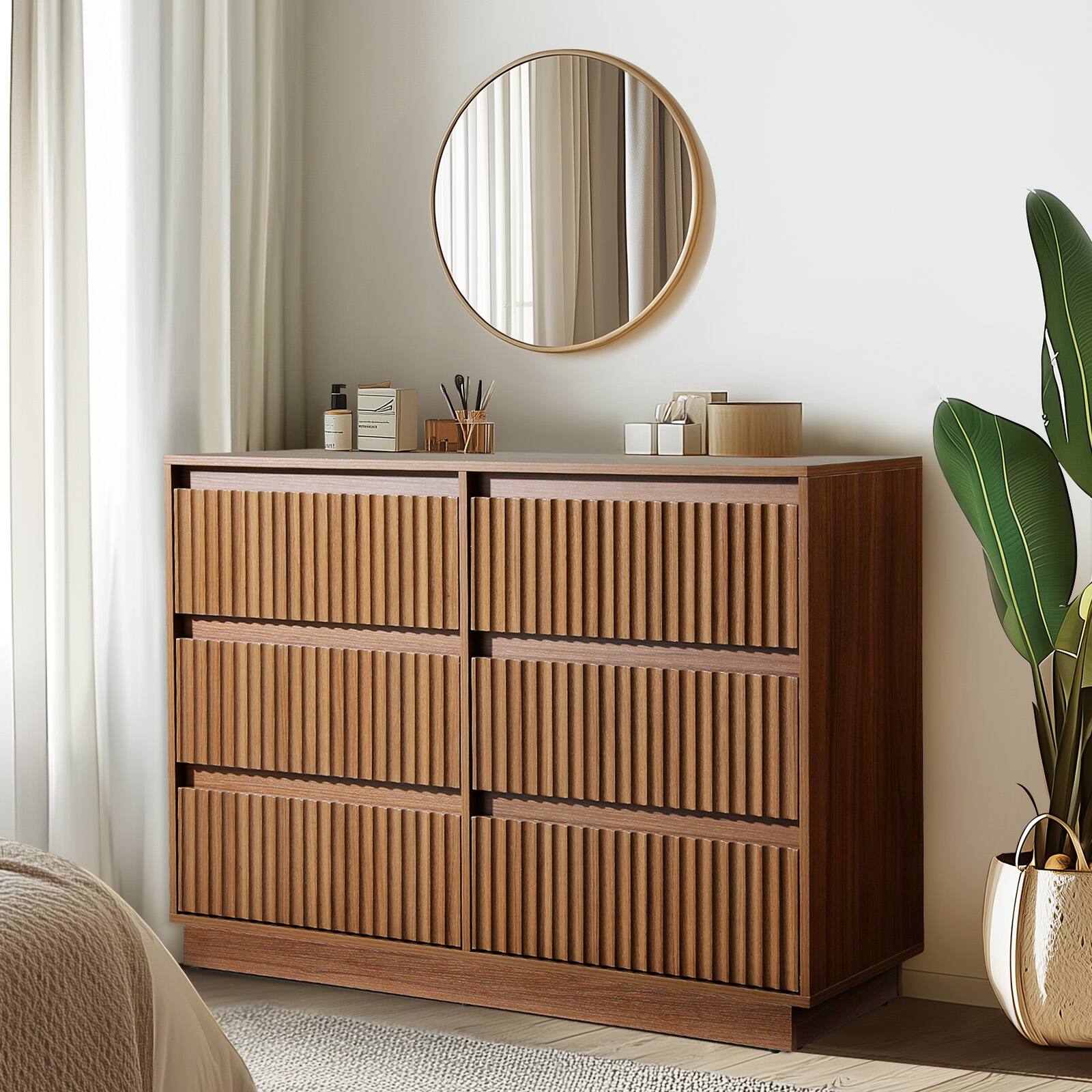 Back. Koligey - 6-Drawer Dresser 47"W Double Dresser With Waveform Fluted Panel - walnut.