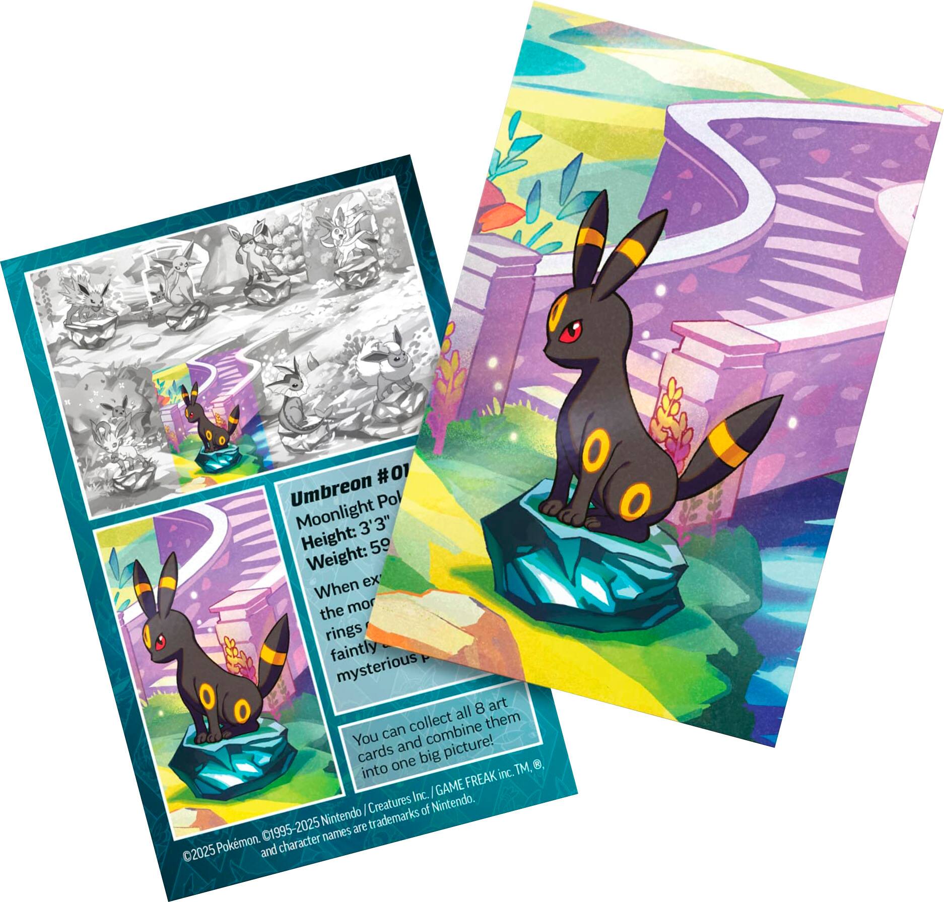The text on the image is grouped and corrected as follows:

"You and your friends can collect and combine all the Pokemon cards to create one big Pokemon! When the moon rings faintly mysterious, the Pokemon characters come alive. 8 art cards in total. Creatures of Nintendo. Nintendo trademarks 1995-2025 are Pokemon character names and images. TM & © 1995-2025 Nintendo. Inc. GAME FREAK inc. All rights reserved. Creatures of Nintendo."
