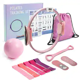 MaxU - Counting Pilates Ring Set with Adjustable Straps - Smart Yoga & Fitness Kit for Home Core Training - Pink