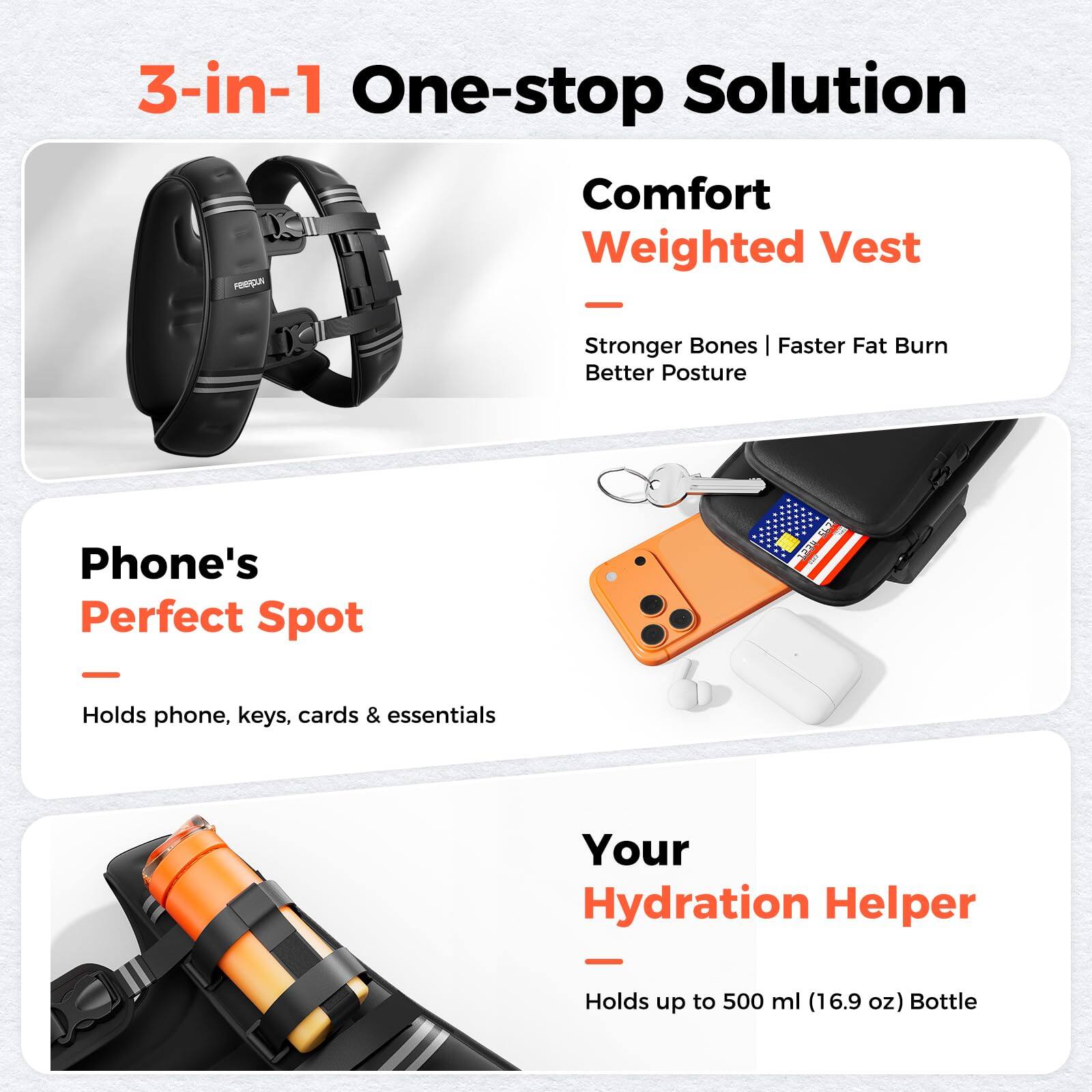 3-in-1 One-stop Solution

Comfort Weighted Vest
- Stronger Bones
- Faster Fat Burn
- Better Posture

Phone's Perfect Spot
- Holds phone, keys, cards & essentials

Your Hydration Helper
- Holds up to 500 ml (16.9 oz) Bottle