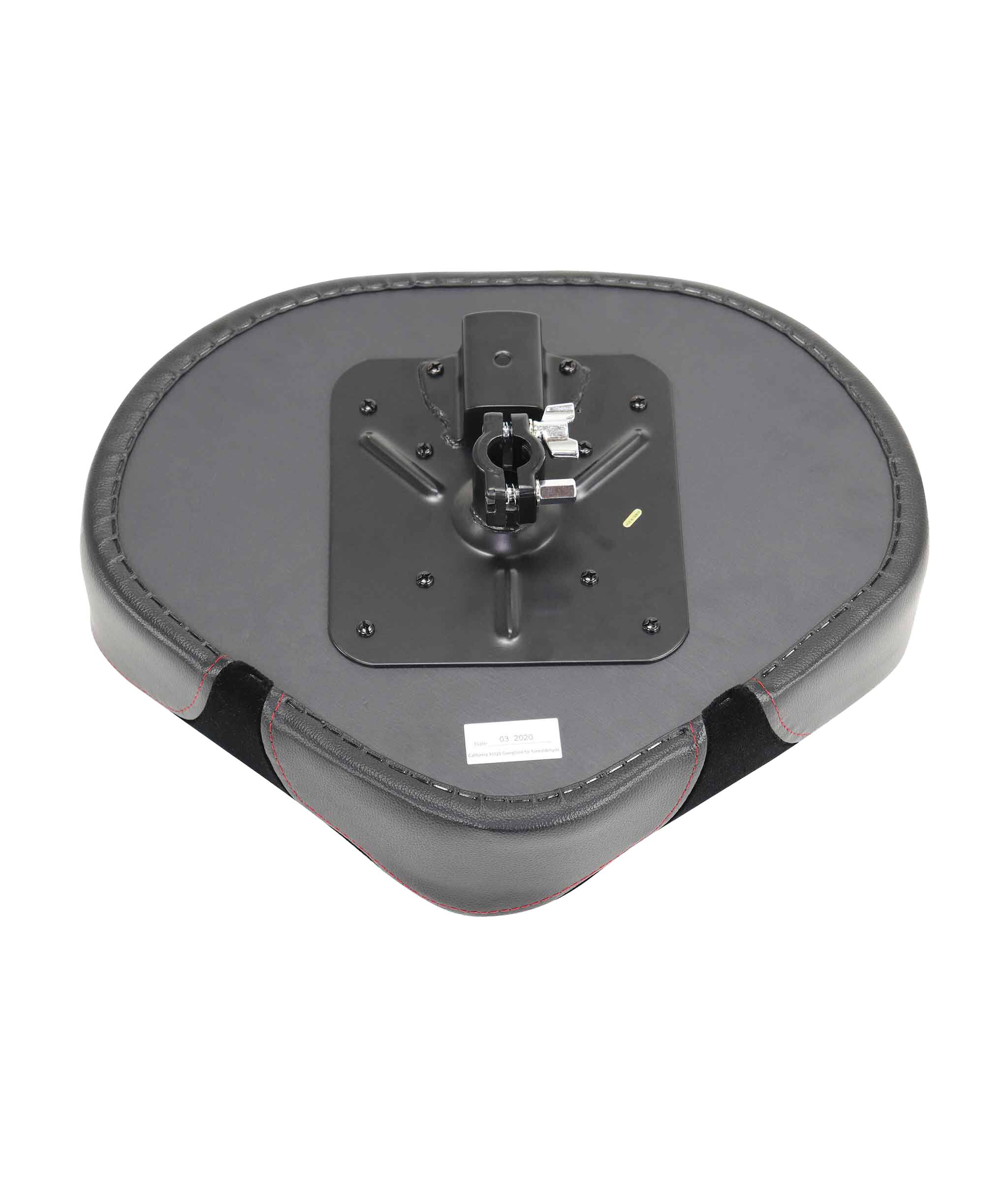 Left. Gibraltar Hardware - 9000 Series Drum Throne Seat, 18" Oversized Cordura Saddle, with Memory Foam Comfort & PVC Leather Sides, Stitched Logo.