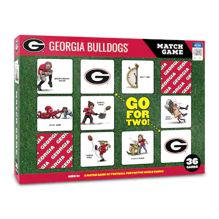 Georgia Bulldogs Match Game
- Quarterback Sneak
- Stiff Arm
- Shovel Pass
- Pocket Punt
- Flea Flicker
- Half Time
- Nose Tackle
Go for Two!
Football Fun for the Whole Family
36 Cards
Ages 3+