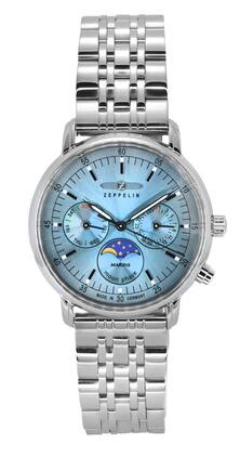 Zeppelin - LZ 14 Marine Moonphase Stainless Steel Ice Blue Dial Quartz 8637M3 Ladies Watch - Silver