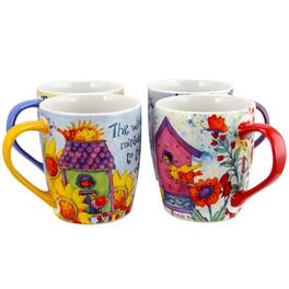Gibson - Birdhouse Floral 18 oz Cup Set, Set of 4 Designs - Assorted