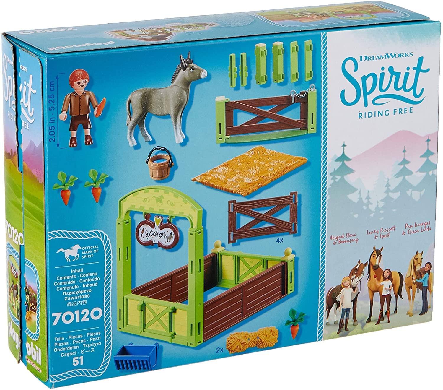**DreamWorks Spirit Riding Free**

**70120**

**Official Mark of Spirit**

**Contents:**
- Inhalt
- Contenu
- Contenido
- Contenuto
- Inhoud
- Zawartość
- 高品内容

**Pieces:**
- Teile
- Pièces
- Piezas
- Pezzi
- Piezas
- Onderdelen
- 部品
- 51

**Figures:**
- Lucky Prescott & Spirit
- Paige Stone & Boomsburg
- Paw Granger & Chica Linda

**Dimensions:**
- 2.05 in / 5.25 cm

**Characters:**
- Lucky Prescott & Spirit
- Paige Stone & Boomsburg
- Paw Granger & Chica Linda

**Set includes:**
- 4x