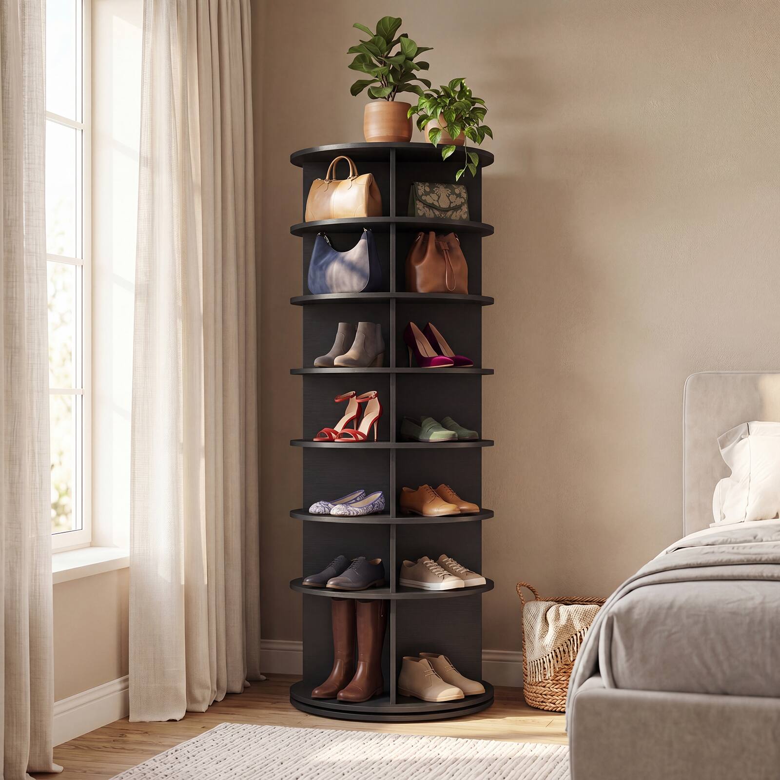 Alt View 3. Costway - Costway 7-Tier Rotating Shoe Rack Tower with 4 Cubes Per Shelf for Hats, Bags & Books - Black.