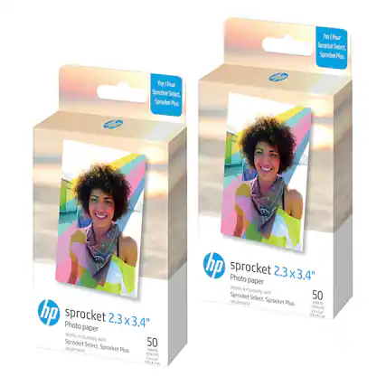 For / Pour Sprocket Select, Sprocket Plus
hp sprocket Photo 2.3 x 3.4" paper
Works exclusively with Sprocket Select, seulement Sprocket Plus
50 SHEETS FEUILLES
2.3 x 3.4"