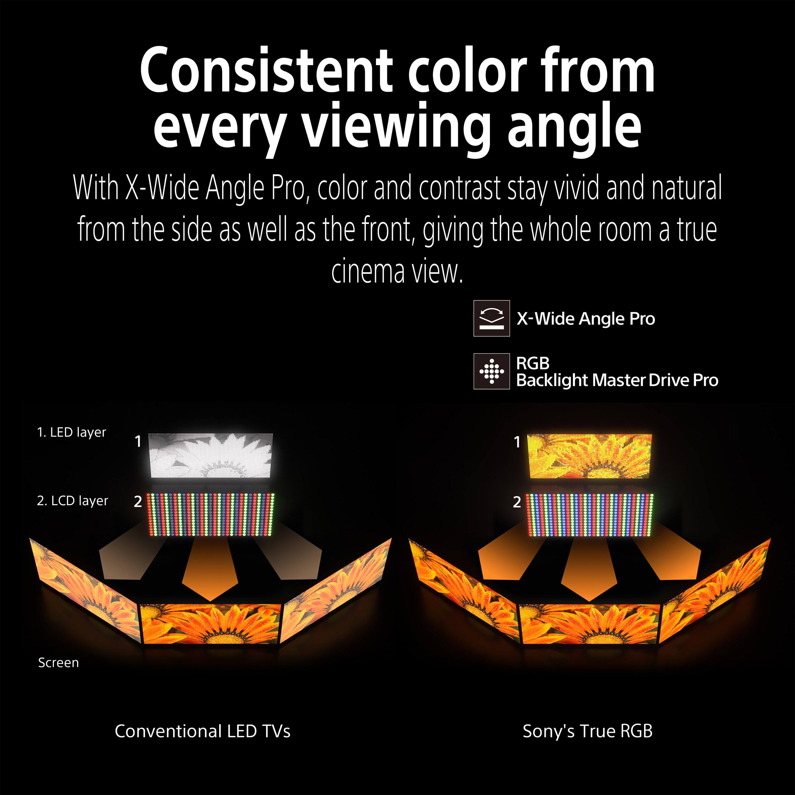 Consistent color from every viewing angle

With X-Wide Angle Pro, color and contrast stay vivid and natural from the side as well as the front, giving the whole room a true cinema view.

X-Wide Angle Pro
RGB Backlight Master Drive Pro

1. LED layer
2. LCD layer

Screen

Conventional LED TVs
Sony's True RGB