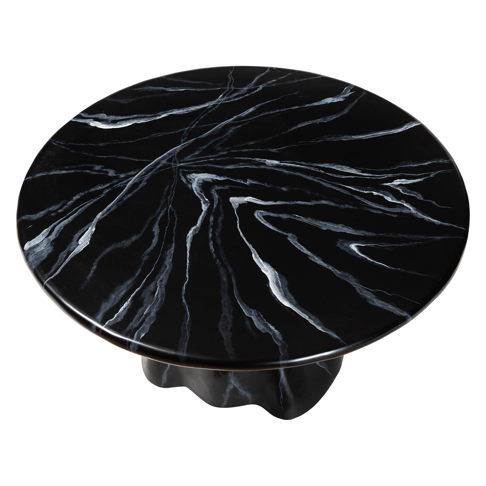 Left. bali & pari - Aponi Marbled Resin Coffee Table - Sculptural Center Table with Round Top and Pedestal Base, Black - Black.