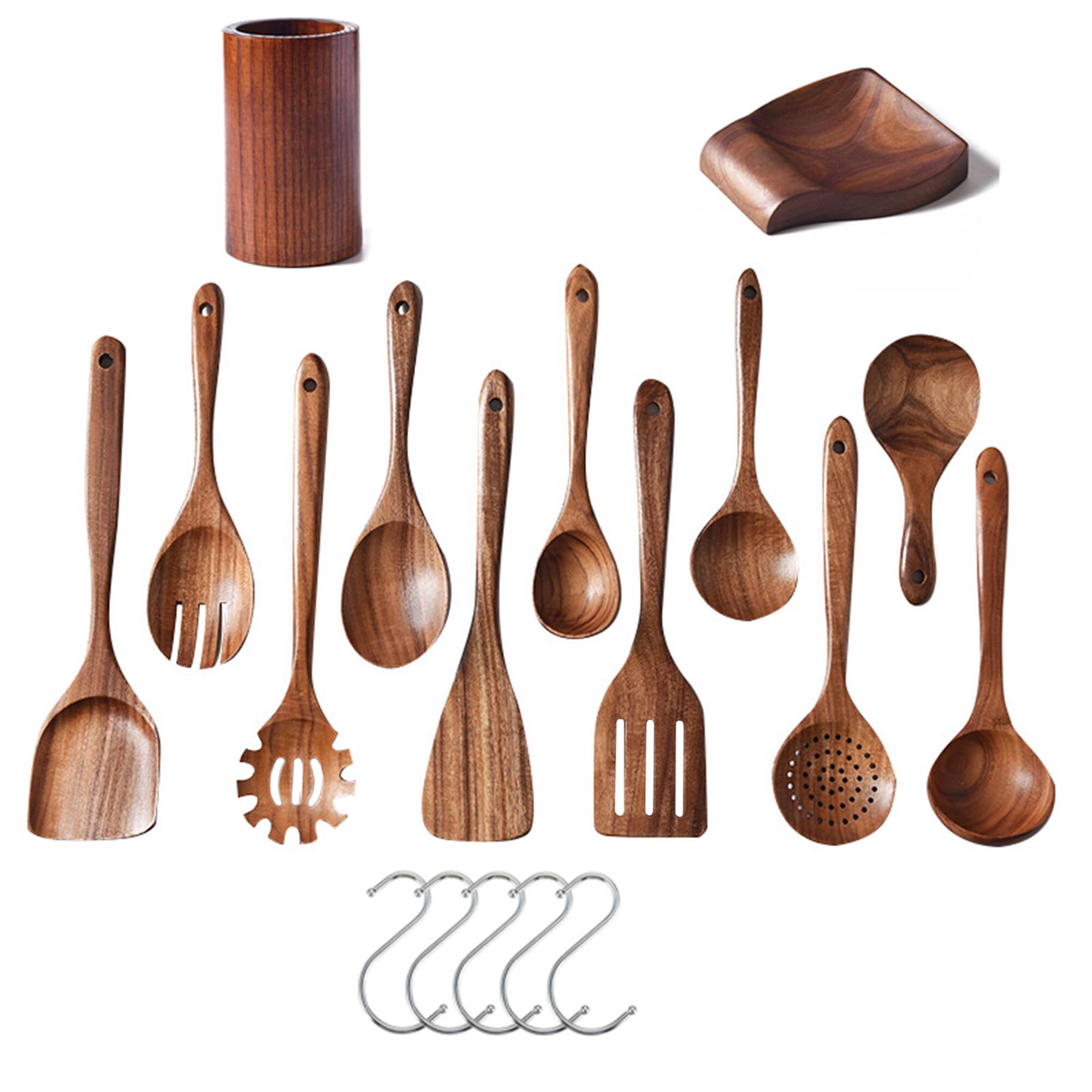 Front. Sugift - 13-Piece Wooden Spoons for Cooking - Brwon.