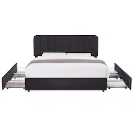 Vecelo - King Size Storage Bed Frame with 4 Drawers - Velvet Upholstered, Adjustable Headboard, 800lb Capacity, Noise Free - Black