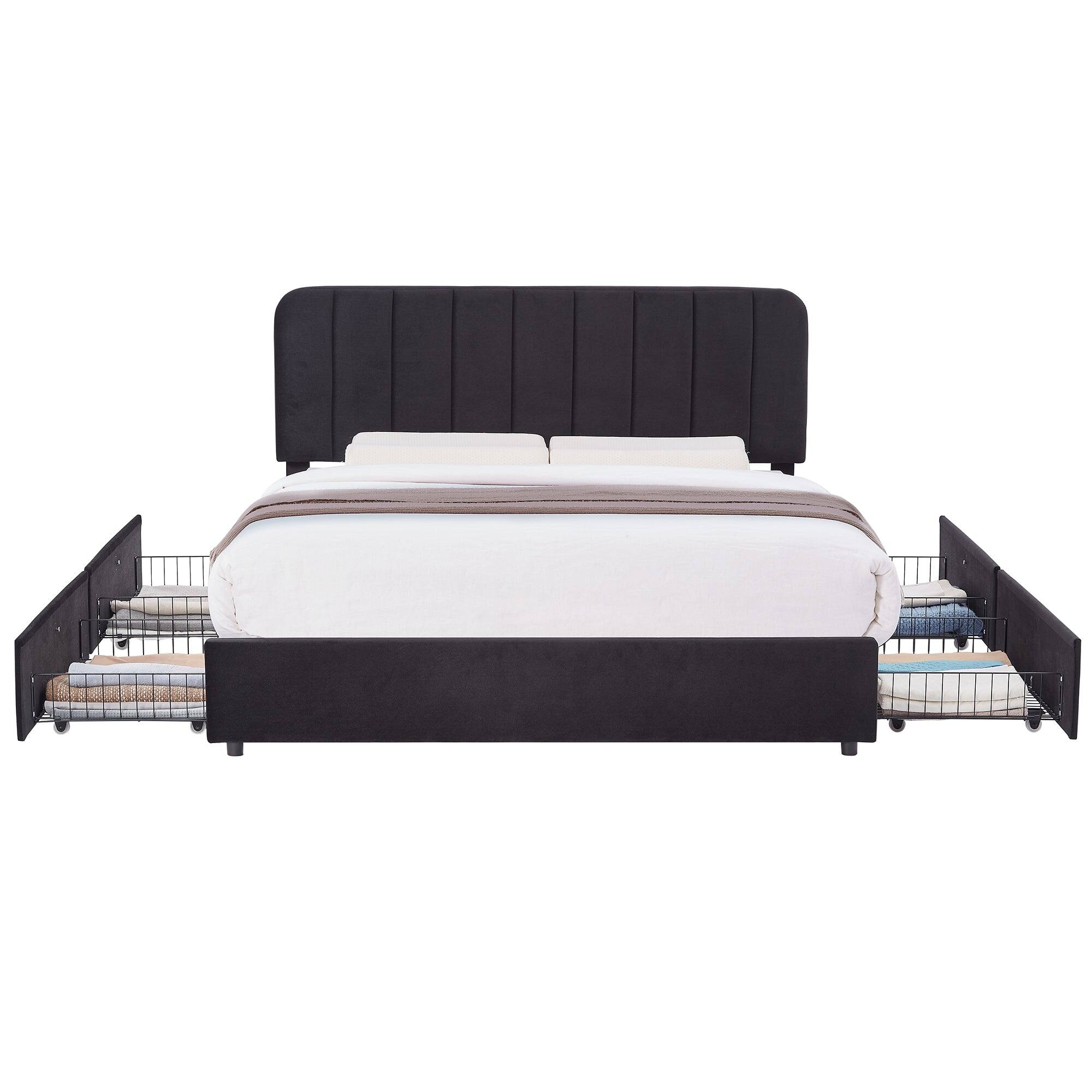 Vecelo - King Size Storage Bed Frame with 4 Drawers - Velvet Upholstered, Adjustable Headboard, 800lb Capacity, Noise Free - Black