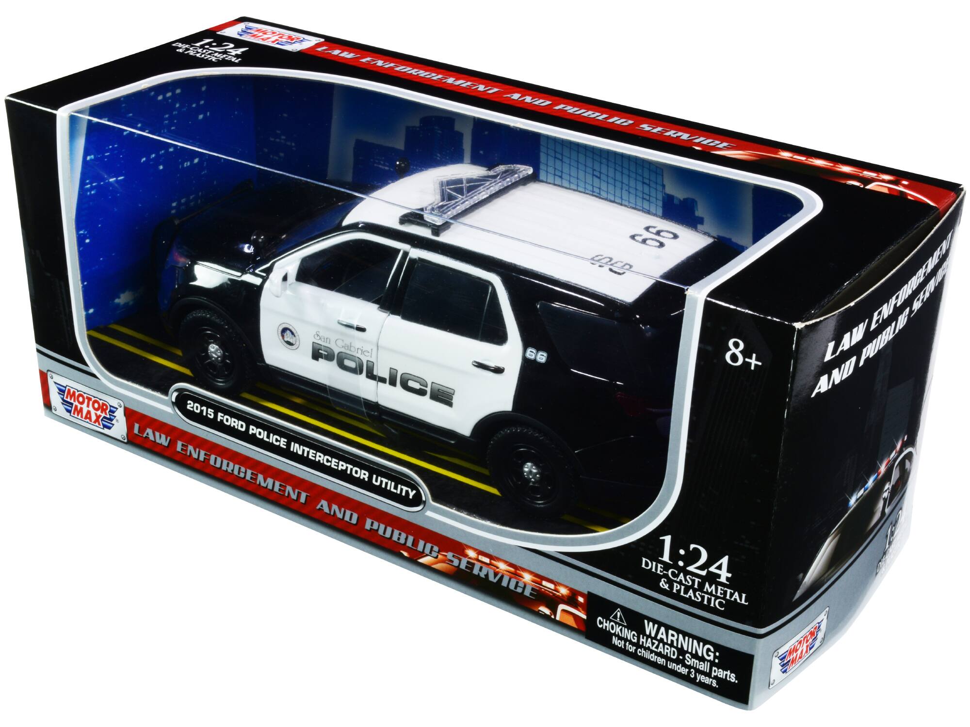 1:24 N AARK FIAL LAW ENFORCEMENT AND PUBLIC SERVICE  
San Gabriel 66 a MOTOR 2015 POLICE MAX FORD LAW POLICE ENFORCEMENT INTERCEPTOR UTILITY AND PUBLIC SERVICE  
9g  
ENFORCEMENT SE 8+ LAW PUBLIC AND DIE-CAST 1:24 & PLASTIC METAL  
CHOKING HAZARD - Small parts. Not for children under 3 years.