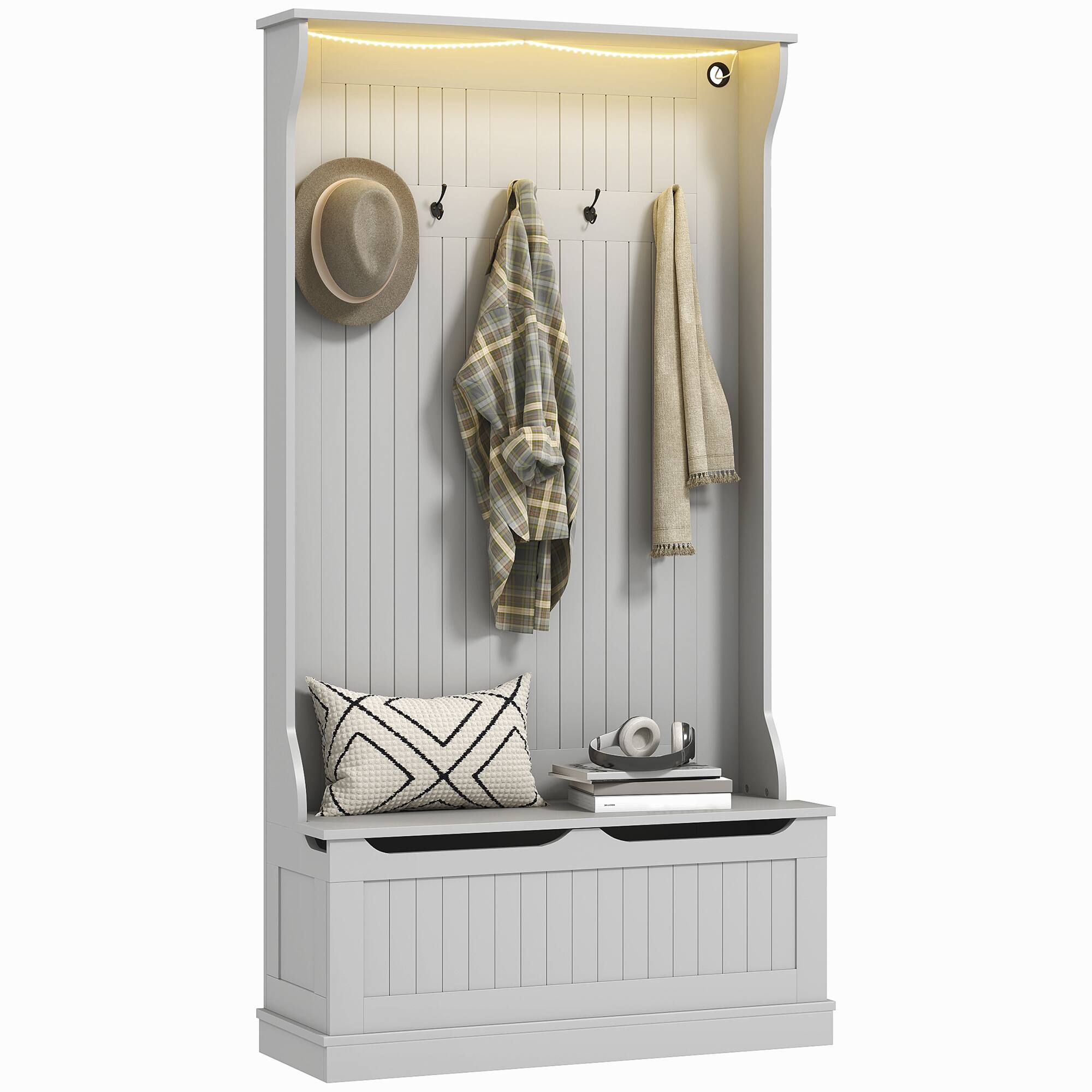 Homcom - 3-In-1 Hall Tree with LED Lights and Shoe Storage, Standing Coat Rack with Shoe Bench, Entryway Furniture - Gray