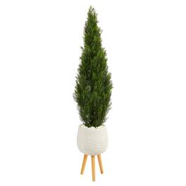 BreeBe - 5' Cedar Artificial Tree in White Planter with Stand - Green