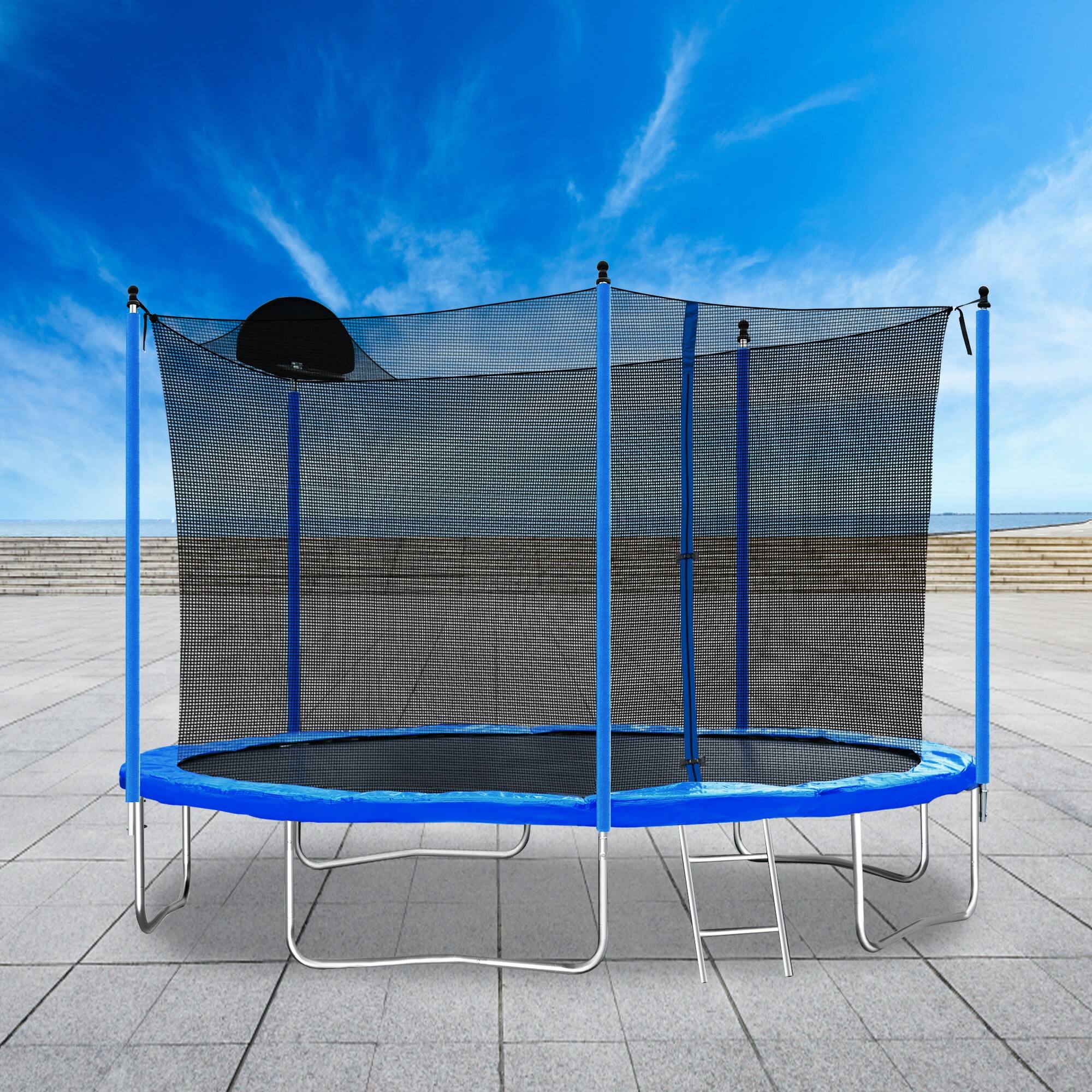 Alt View 4. Ecooso - 12FT Trampoline with Basketball Hoop: Safety Enclosure Net, Ladder, 70 Springs, 5 W-Legs, 200 lb Capacity - Blue.