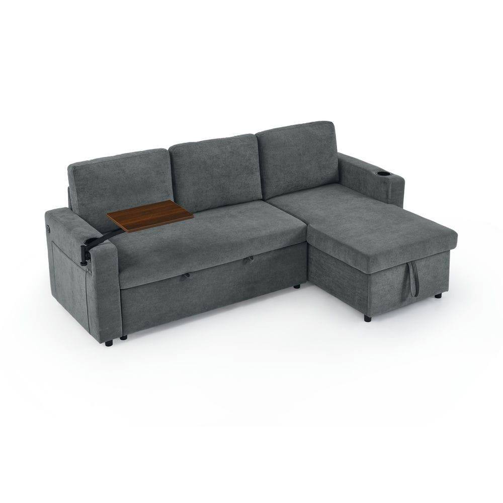 Alt View 8. Kadyn - Multi-Functional Chenille Sleeper Sofa, Retractable Table, LED Lights, USB Ports and Cup Holders, Gray - Gray.