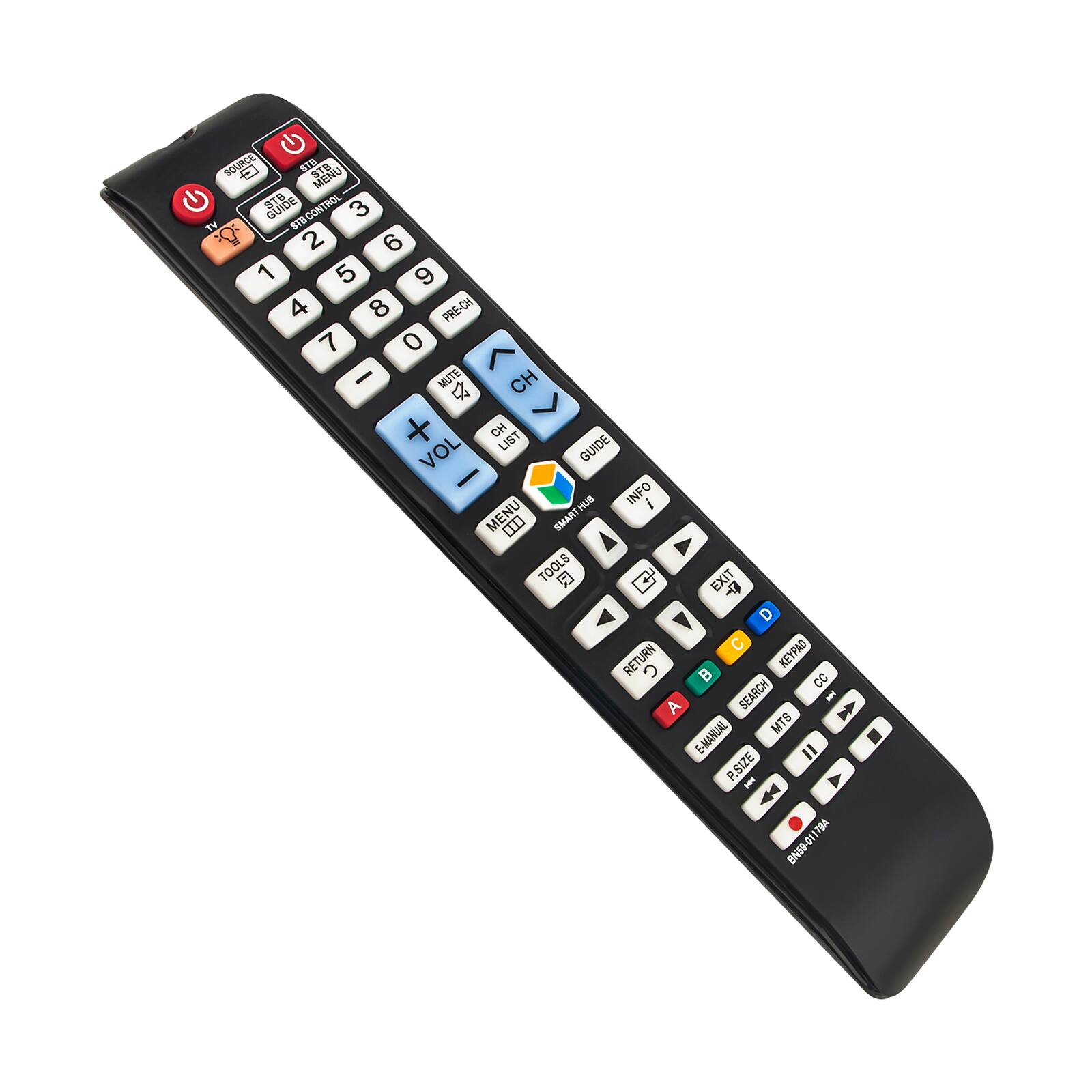 SOURCE - 118 MENU S 1H GU GUIDE STO/CONTROL 3 TV S1 2 6 1 5 9 4 8 PRE-CH 7 0 - MUTE CH + CH VOL LIST GUIDE - HUB INFO i MENU 0.0 SMART A TOOLS D EXIT D C RETURN KEYPAD C B CC A SEARCH - MTS E-MANUAL = P.SIZE E A + 7BA BNS9-011794