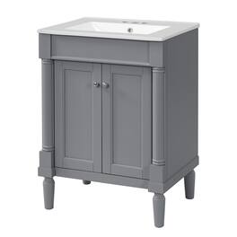 Boyel Living - 24 Inch Bathroom Vanity Grey with Ceramic Sink Solid Wood Frame Double Door Storage - Gray