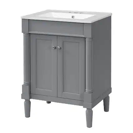 Front. Boyel Living - 24 Inch Bathroom Vanity Grey with Ceramic Sink Solid Wood Frame Double Door Storage - Gray.