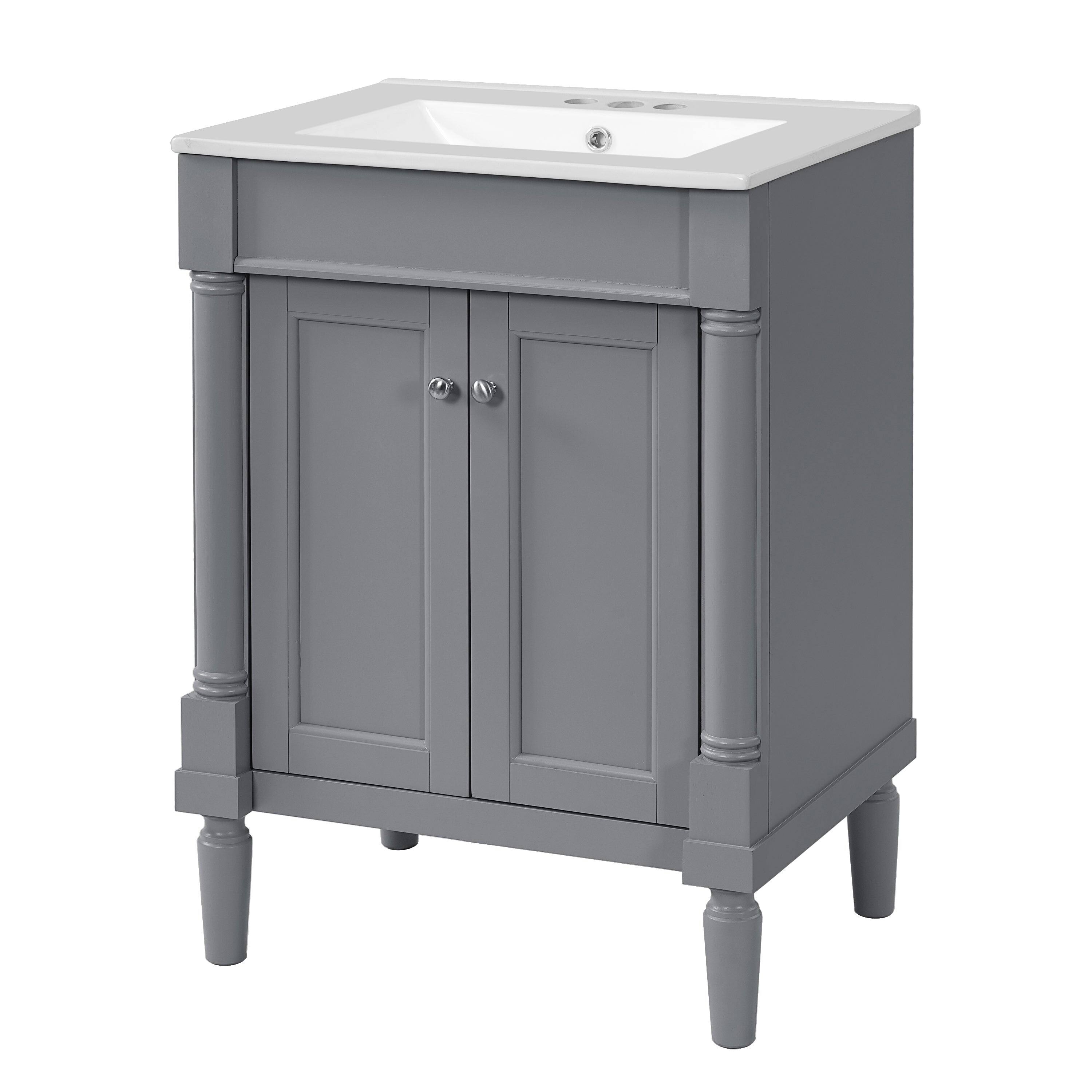 Front. Boyel Living - 24 Inch Bathroom Vanity Grey with Ceramic Sink Solid Wood Frame Double Door Storage - Gray.
