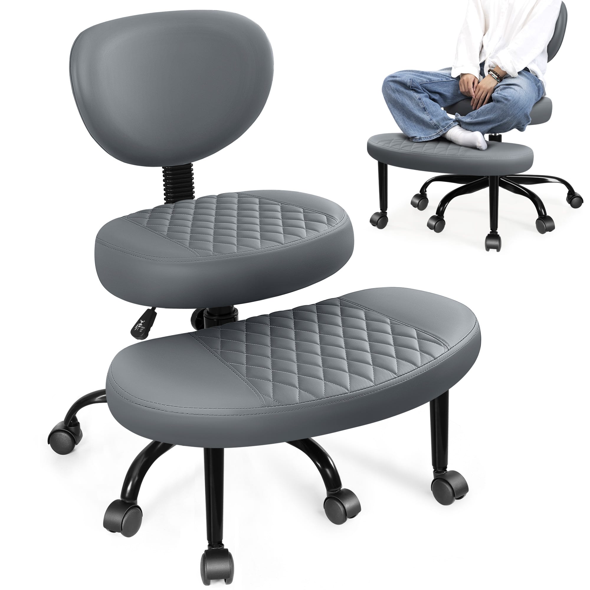 Front. KERDOM - Ergonomic Wide Cross Legged Office Chair with Wheels, Yoga Meditation Chair Kneeling Chair, ADHD Desk Chair PU Leather - Grey.