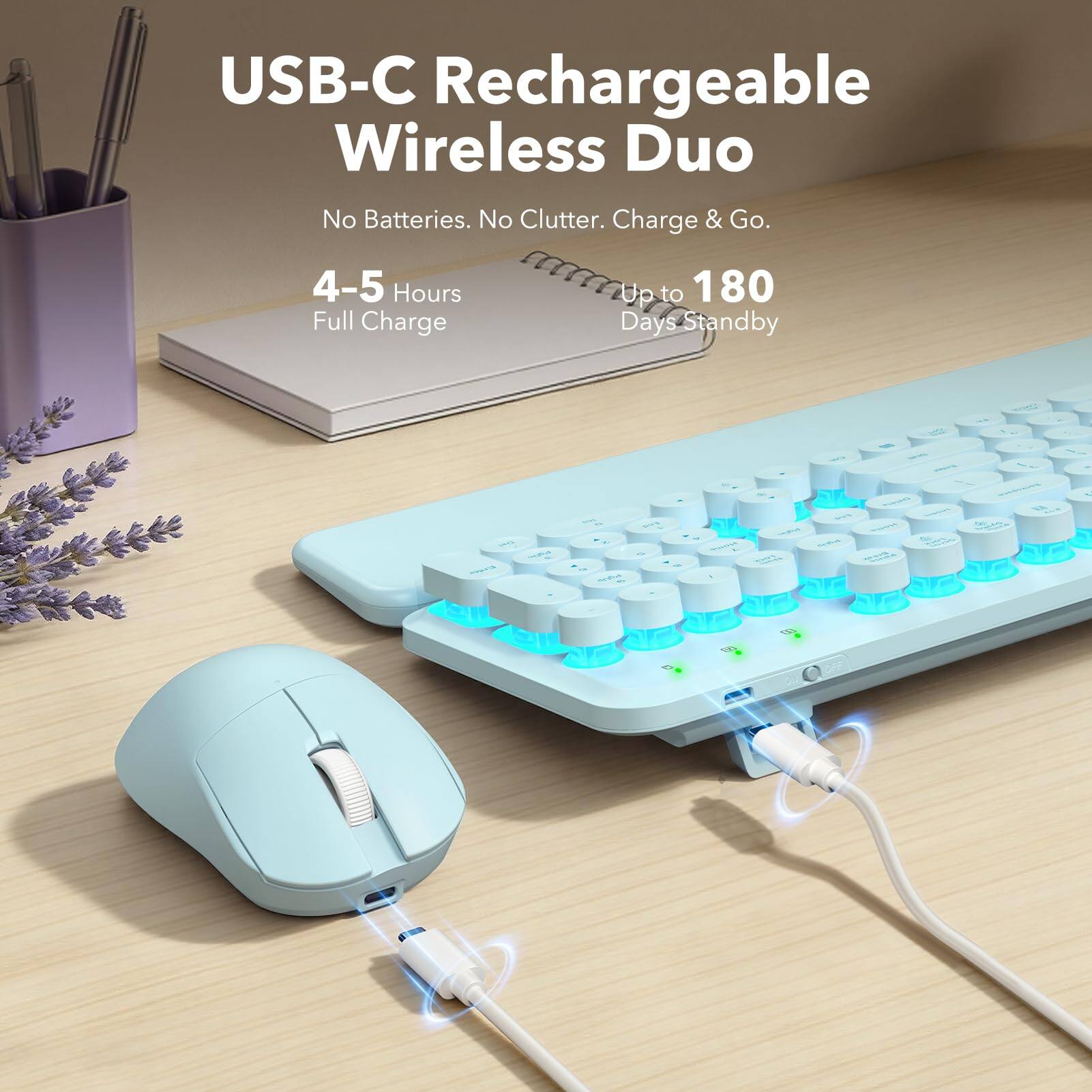 USB-C Rechargeable Wireless Duo  
No Batteries. No Clutter. Charge & Go.  
4-5 Hours Full Charge  
Up to 180 Days Standby