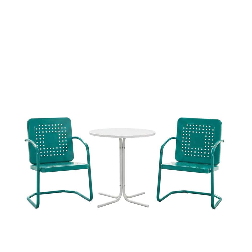 Crosley Furniture - Bates 3Pc Retro Outdoor Bistro Set - Bistro Table & 2 Armchairs - Turquoise Gloss