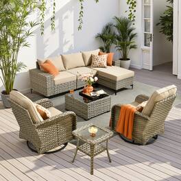 Ovios - 8 PCS Patio Wicker Furniture, Sectional Sofa Set with Coffee Table & Swivel Chairs for Garden - Beige