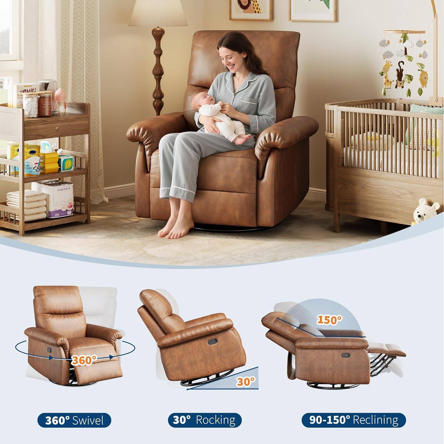 A vital HAPPY 150  
360° Swivel  
30° Rocking  
90-150° Reclining