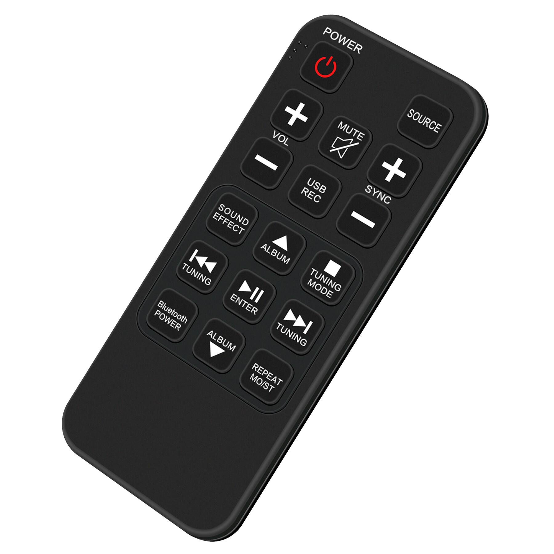 POWER  
MUTE  
SOURCE  
VOL +  
VOL -  
USB REC  
SYNC  
SOUND EFFECT  
ALBUM  
TUNING  
ENTER  
TUNING MODE  
ALBUM  
REPEAT MOIST  
Bluetooth POWER