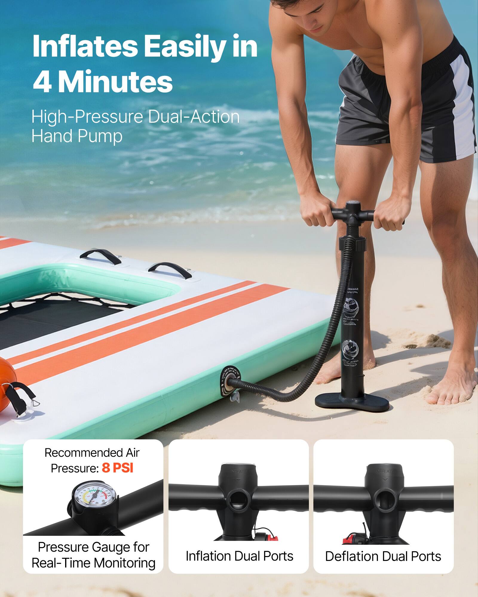 Inflates Easily in 4 Minutes  
High-Pressure Dual-Action Hand Pump  

Recommended Air Pressure: 8 PSI  
Pressure Gauge for Real-Time Monitoring  
Inflation Dual Ports  
Deflation Dual Ports