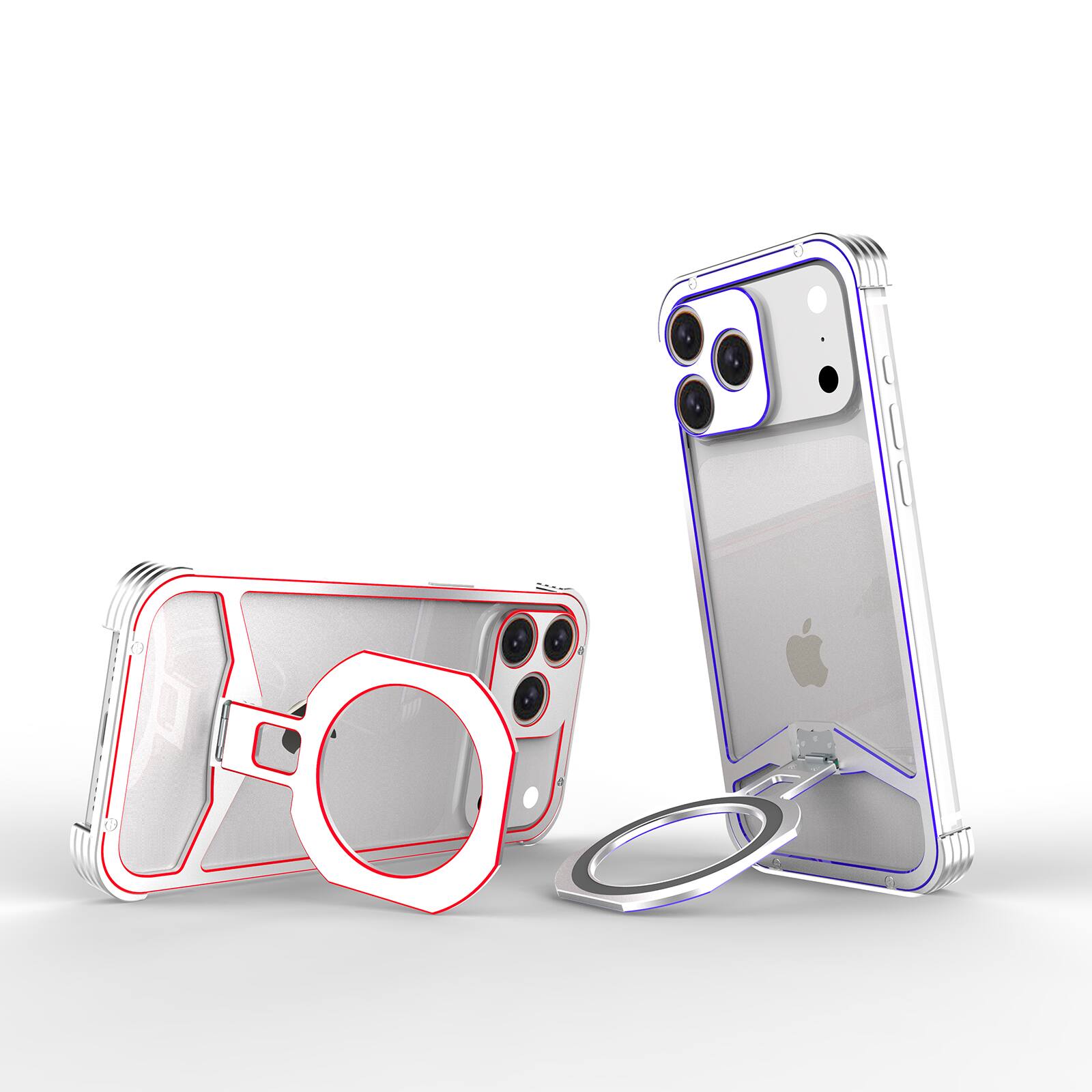 Left. Dteck - Rugged Bumper Case for Apple iPhone 17 Pro Max with Ring Kickstand, Ultra-Thin Shockproof Magnetic Aluminum Frame Cover - Silverred.