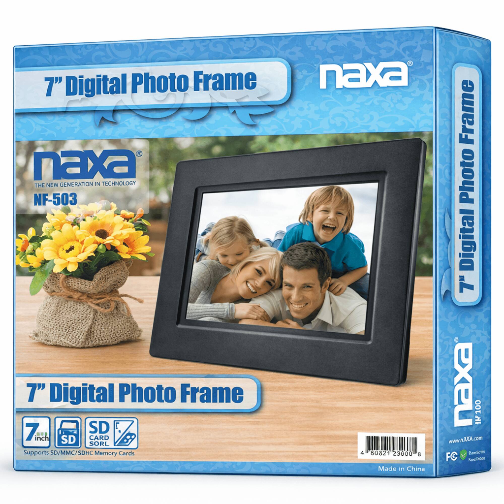 7" Digital Photo Frame  
naxa  
THE NEW GENERATION IN TECHNOLOGY  
NF-503  
7" Digital Photo Frame  
SD  
7 inch  
SD CARD SORL  
Supports SD/MMC/SDHC Memory Cards  
naxa  
100  
www.nAXA.com  
4 0821 23000 8  
Bericlie FC  
Made in China