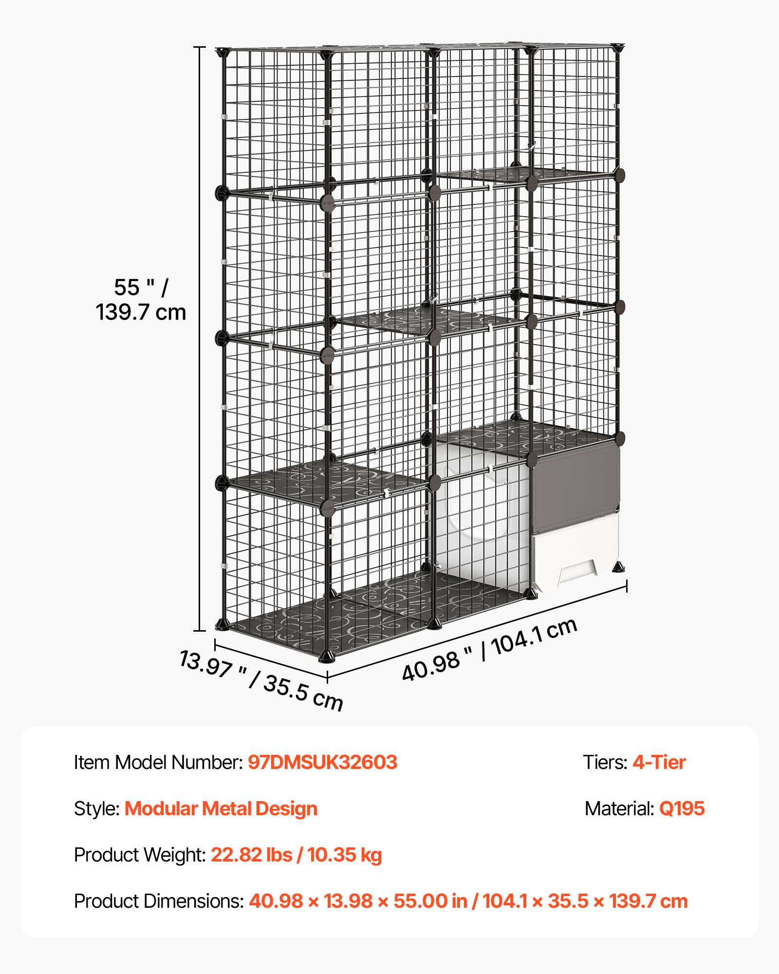 55" / 139.7 cm  
13.97" / 35.5 cm  
40.98" / 104.1 cm  

Item Model Number: 97DMSUK32603  
Tiers: 4-Tier  
Style: Modular Metal Design  
Material: Q195  
Product Weight: 22.82 lbs / 10.35 kg  
Product Dimensions: 40.98 x 13.98 x 55.00 / 104.1 x 35.5 x 139.7 cm