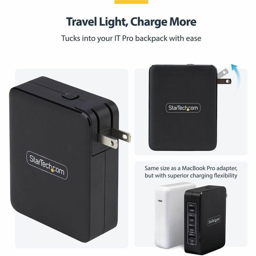 Travel Light, Charge More  
Tucks into your IT Pro backpack with ease  

StarTech.com  

Same size as a MacBook Pro adapter, but with superior charging flexibility  

USKI  
WO 400ml USB-A  

StarTech.com  
1428