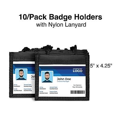 10/Pack Badge Holders with Nylon Lanyard

5" x 4.25"

COMPANY LOGO

John Doe
Creative Manager

Name: John Doe
Department: Creative
Employee ID: 000000
DOB: 00/00/0000
Expire Date: 00/00/0000

Signature: [Signature]
Employee ID: 000000

[Barcode]